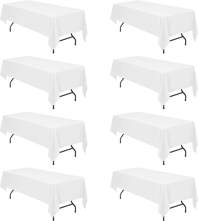 BRILLMAX 8 Pack White Tablecloths for 8 Foot Rectangle Tables 60 x 126 Inch - 8ft Rectangular Bulk Linen Polyester Fabric Washable Cloth Cover for Wedding Reception Banquet Birthday Party