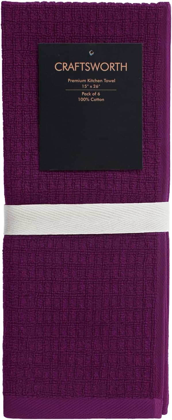 CRAFTSWORTH Kitchen Towels, 15 x 26 Inches, Pack of 6, 400 GSM, 100% Ring Spun Cotton, Striped Solid Purple Cotton Dish Towels Super Soft and Absorbent, Tea Towels and Bar Towels