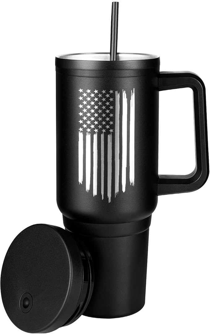 40oz Insulated American Flag Tumbler with Handle, Lid & Straw - USA Gifts - Use for Water, Tea, Coffee & More-Flag 40oz Tumbler