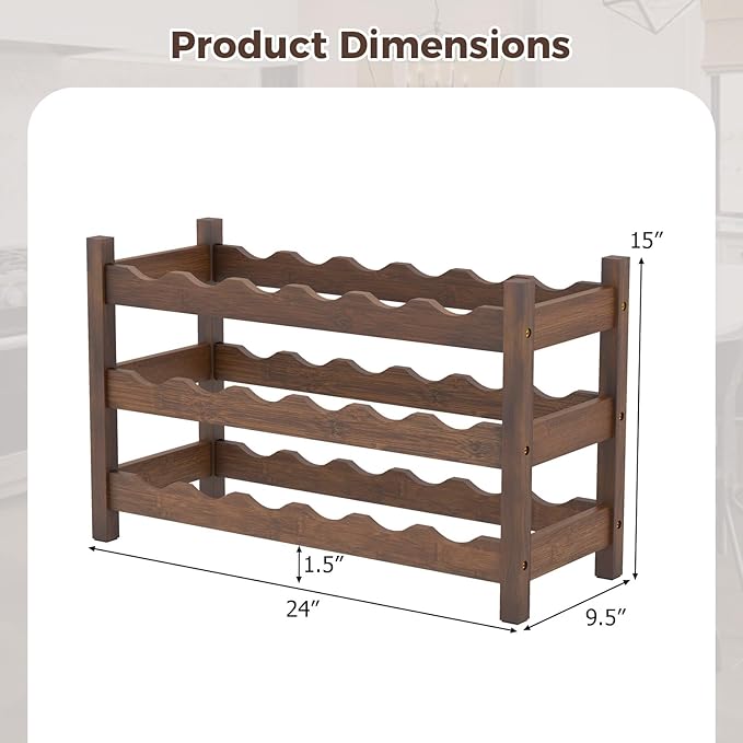 COSTWAY 3-Tier Bamboo Wine Rack, 18-Bottle Tabletop Wine Holder with Wave Slot, Freestanding Countertop Wine Bottle Organizer for Kitchen, Pantry, Pub & Wine Cellar, Brown