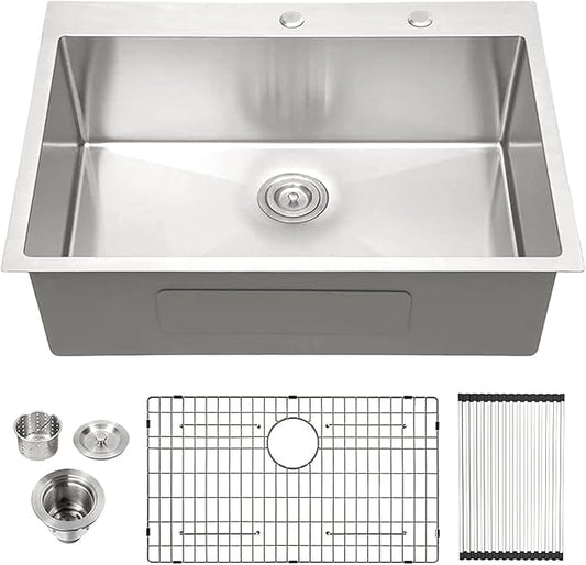 Lordear 30 inch Drop In Kitchen Sink Stainless Steel 16 Gauge Single Bowl Topmount Rectangular Round Corner Kitchen Sinks Overcounter Basin