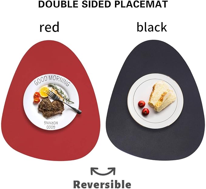 Faux Leather Placemats Set of 6 Wipeable,Round Reversible PU Placemat for Dining Table,Heat Resistant Waterproof Anti Slip Table Mats,Modern Table Protectors(Black and Red)