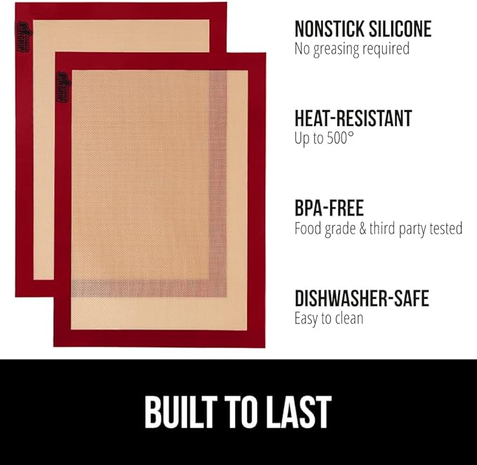 GORILLA GRIP Reusable Nonstick Silicone Baking Mat, 2-Pack, BPA-Free Oven Safe Food Liner for Toaster Ovens, Mini Cookie Sheets, Easy Clean, Holiday Baking Essentials, 11.75x8.25, Quarter Sheet, Red