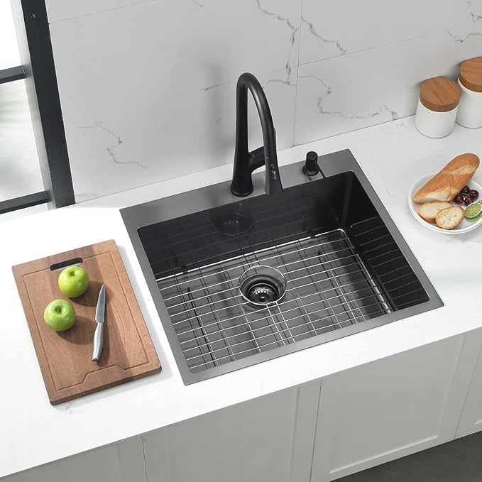 25 Inch Black Drop In Kitchen Sink, Doirteal 25 x 22 x 10 Inch Matte Black Bar Sink Topmount 16 Gauge Stainless Steel Single Bowl Kitchen Sinks Single Basin with Bottom Grid