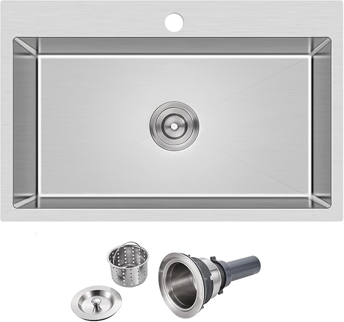 28 inch Drop-in Kitchen Sink, Topmount Kitchen Sink Single Bowl 304 Stainless Steel, 9 Inch Deep Handmade Overmount Sink with Strainer