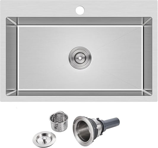 28 inch Drop-in Kitchen Sink, Topmount Kitchen Sink Single Bowl 304 Stainless Steel, 9 Inch Deep Handmade Overmount Sink with Strainer