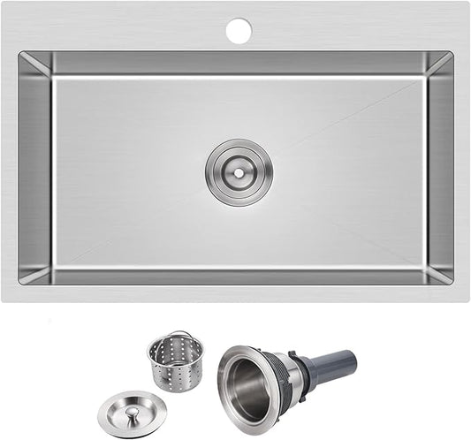 26 inch Kitchen Sink Single Bowl - 304 Stainless Steel Drop in Bar Sink Handmade with Basket Strainer, TopMount Modern Sinks with Centered Drain, 26×18×9 inch
