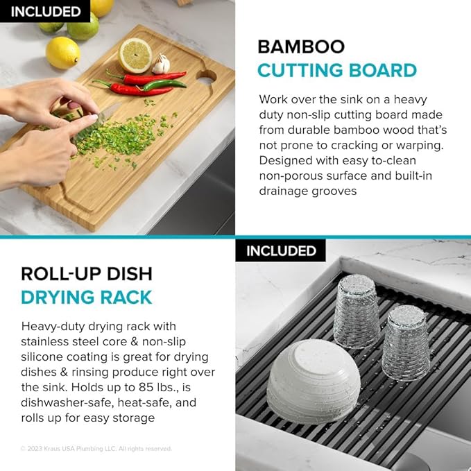 KRAUS Kore 24-Inch Farmhouse Workstation 16 Gauge Single Bowl Stainless Steel Kitchen Sink with Accessories, KWF210-24