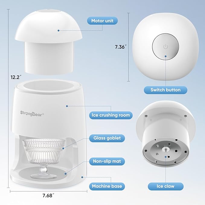 StrongBear Snow Cone Shaved Ice Machine, Electric Ice Shaver Slushie Machine, Snowcone Maker for Home Kids Summer Party, Includes 2 Reusable Ice Mold Cups, 1 Glass Goblet, 1 Non-slip Mat, White