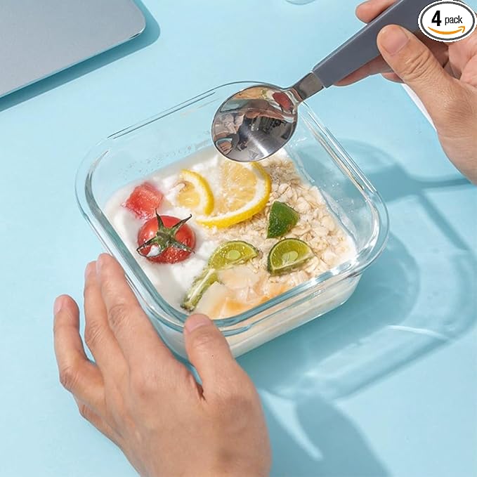 2 Cup Square Glass Food Container with Airtight Lids, Small Glass Square Meal Prep Containers, BPA free 16oz Food Bowls For Soup Snack fruit, Microwave, Dishwasher, Freezer Safe (4 color)