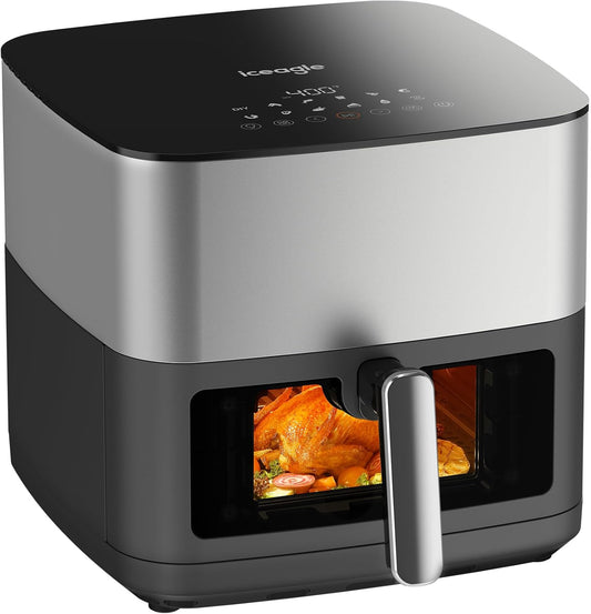 Iceagle Stainless Steel Air Fryer 9 Quart - Airfryer XXL with Large Viewing Window, Dual Heating Elements, 12-in-1 Function to Roast, Bake, Broil, Defrost, Reheat, Dishwasher-Safe Parts, 1700W, Siver