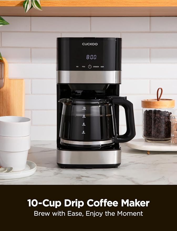 CUCKOO Classic 10-Cup Drip Coffee Maker, Easy To Use Coffee Machine with Programmable Timer, Includes Glass Coffee Pot with Two Brew Strength Settings and Reusable Mesh Filter (CCM-BD011B)