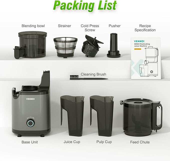 VENNXE Cold Pressed Juicer, Slow Masticating Juicers Machines for Vegetable and Fruits, Easy to Clean Juice Extractor with 50 oz Capacity and 5.7" Extra Large Feed Chute, BPA Free Electric Juice Maker