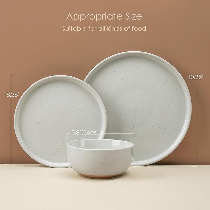 24 Pieces Farmhouse Stoneware Dinnerware Set for 8, Speckled Ceramic Plates and Bowls Set, Matte Terracotta Underside Ceramic Dish Set Scratch Resistant Microwave Dishwasher Safe (Glacier White)