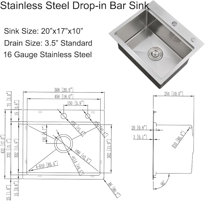 20 Inch Drop in Kitchen Sink, Single Bowl 16 Gauge Stainless Steel Topmount Small Kitchen Bar Sink Outdoor RV Workstation Basin (20"x17"x10")