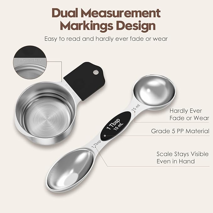 Magnetic Measuring Cups and Spoons Set - 304 Stainless Steel | Dual-sided Design | Set of 15 with Leveler | Strong N52 Magnetic Nesting Design | for Dry & Liquid Ingredients (Black)