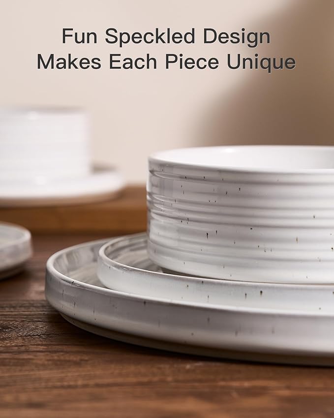 Stoneware Dinnerware Sets, Dish Set for 6, 18 Pieces Spiral Dishware Set with Straight Rim, Speckles & Reactive Glaze - Microwave and Dishwasher Safe Tableware, White