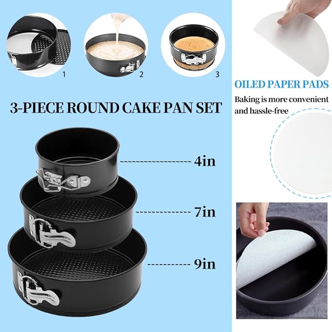 Complete 179PCS Springform Round Cake Pans Set for Baking and Cake Decorating, including 16 Piping tips,65Baking Cups,30Parchment paper liners,spatulas,4''+7'' +9''Cake Pans