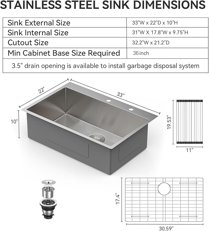 Lordear 33 Inch Drop In Kitchen Sink 33x22 Stainless Steel Topmount Sinks 16 Gauge T304 Single Bowl Kitchen Sink With 3mm Thickened Plate Round Corners
