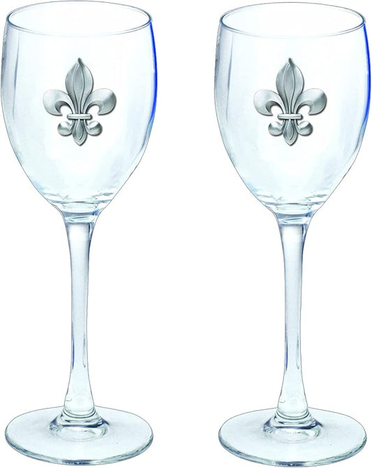 Heritage Pewter Fleur de Lis Glass Goblets – Set of 2 | 12 OZ Goblet Wine Glasses | Expertly Crafted Pewter Glass