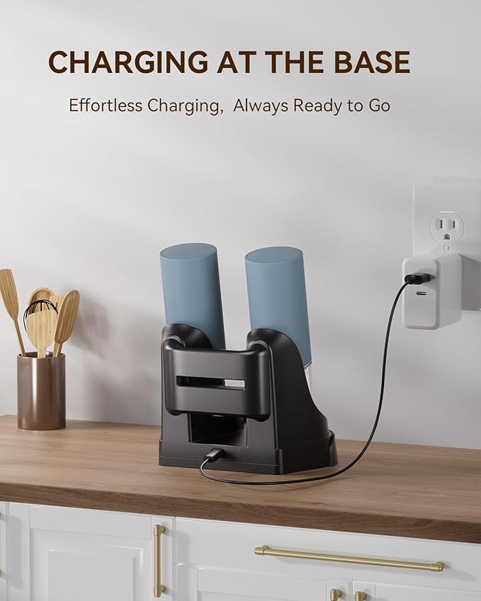 Electric Salt and Pepper Grinder Set with Dual Charging Base, 6 Adjustable Coarseness Levels & External Grind Settings, One-handed Operation Salt and Pepper Mills with LED Light, Blue