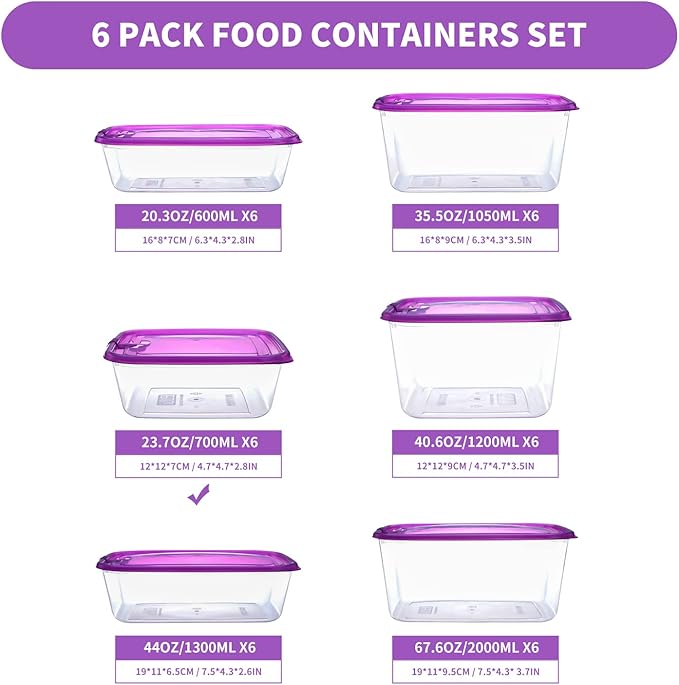 KIGI 【6 PACK 23.7oz Plastic Food Storage Containers with Lids Airtight Square Meal Prep Containers,Microwave,Freeze,Dishwasher Safe