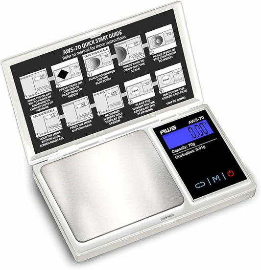 American Weigh Scales Digital Pocket Scale 70g x 0.01g with LCD Display Gram, Ounce, Carat, Grain, High Precision 0.01 g Accuracy Pocket Gram Scales for Coins, Jewellery, Gemstones, Food, Medicine