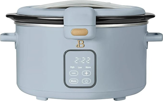Beautiful 4-Qt Programmable Slow Cooker with Hinged Locking Lid & Touch Display – 3 Heat / 4 Timer Settings (Cornflower Blue)