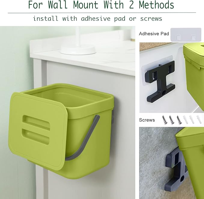 LALASTAR 1.8 Gallon Hanging Trash Can, Green, Plastic, Compost Bin Indoor Kitchen Sealed, Small Trash Can with Lid, Mountable