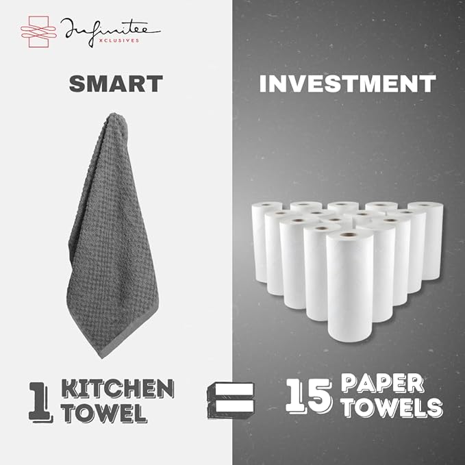 Infinitee Xclusives 100% Cotton Kitchen Towels - 15x25 Inch Ultra Soft Tea Towel, Super Absorbent Terry Dish Towels for Kitchen Linens |Grey|