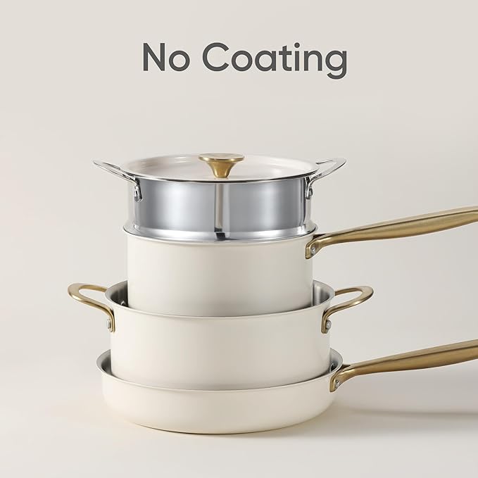 CAROTE 24pcs Tri-Ply Stainless Steel Cookware Set, Pots and Pans Set, Non Toxic Induction Kitchen Cooking Sets, Cookware Collection, Outer Ceramic Layer, Cream White