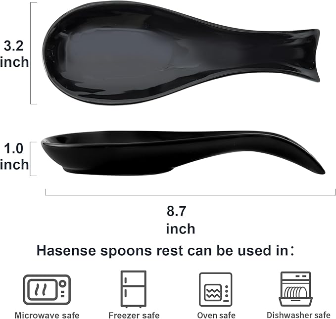 Hasense Spoon Rest for Stove Top, Large Ceramic Spoon Holder for Kitchen Counter, Cooking Utensil Rest for Spatula Ladle Spoon and Tong, Kitchen Spoon Rest for Home and Coffee Bar Accessories, Black