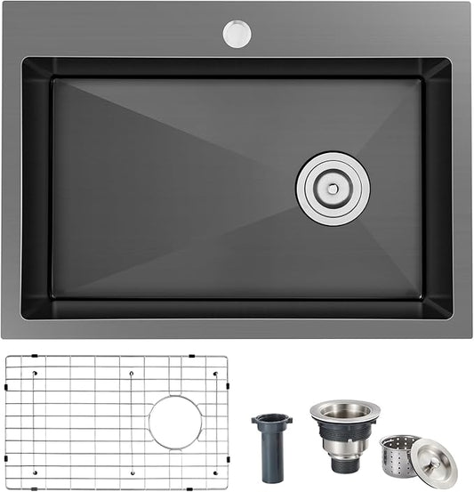 25x18x9 Inch Kitchen Sink, Handmade 304 Black Stainless Steel Single Bowl, Centre-Offset Drain, R10 Tight Corner, Drop in Kitchen Sink with Strainer & Bottom Grid
