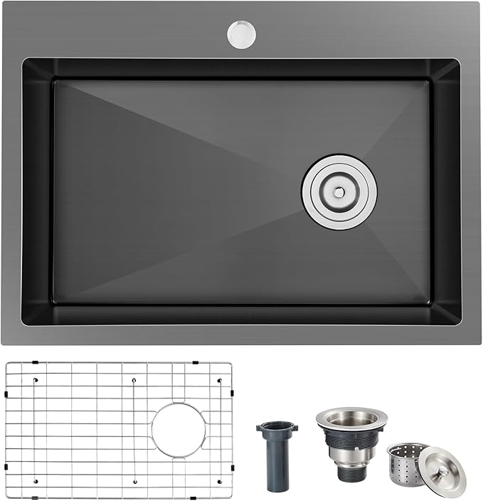 22x18x9 Inch Drop in Kitchen Sink, Handmade 304 Black Stainless Steel Sink, Centre-Offset Drain, R10 Tight Corner, Topmount Kitchen Sink with Strainer & Bottom Grid