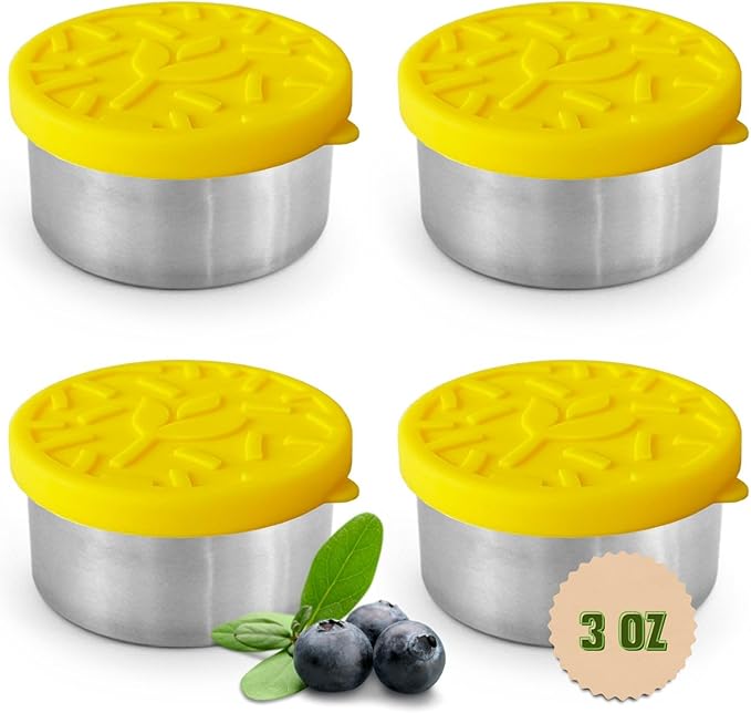 TAVVA 4 X 3 oz Stainless Steel Containers with Lids - Leakproof w/Silicone Lids - BPA Free - Dishwasher & Freezer Safe - Portable & Reusable - Small Snack Cups Dressing Containers