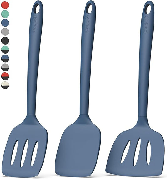 Coukre 3 Pack Silicone Spatula Set, High Heat Resistant, BPA-Free, Fish Spatula, Solid & Slotted Turner for Non-Stick Pans, Flipping Eggs, Pancakes, Fish, Burgers (3, PureDarkBlue)