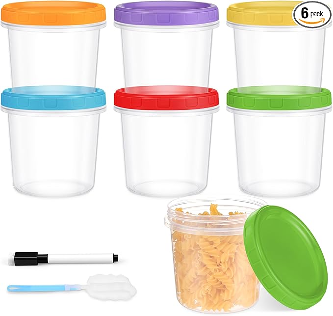 16 oz Plastic Deli Containers with Lids, 6 Pack Stackable Small Freezer Containers, Reusable 2 Cup Food Storage Containers with Pen and Brush, Microwave & Dishwasher Safe, BPA Free
