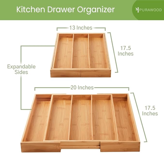 Purawood Kitchen Drawer Organizer - Expandable Utensil Drawer Organizer for Kitchen, Cutlery Tray & Silverware Organizer, 3-5 Slots - Bamboo Organizer for Utensils & Flatware (Natural)