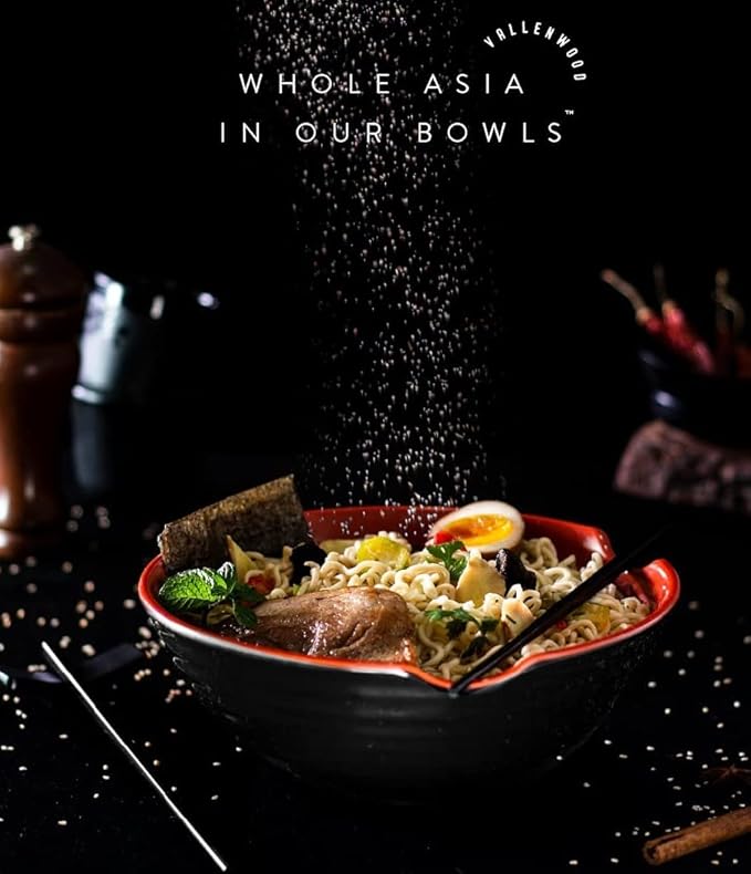 4 XL Ramen bowl set. 12 Pieces Pho Bowls. Asian Japanese soup. Utensil: Spoons and Chopsticks kit. Melamine, Large 52 oz. Noodles, Rice, Udon, Thai, Chinese, Korean, Udon, Wonton, Miso, 9 inch