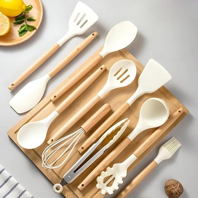 GOURMETIFIC® Silicone Cooking Utensils Set [12-PIECE] - Non Toxic & Food Grade Kitchen Utensil Set - High End Wood Handle - Heat Resistant Gadgets for Safe Meal Preparation, Baking & Frying (BEIGE)