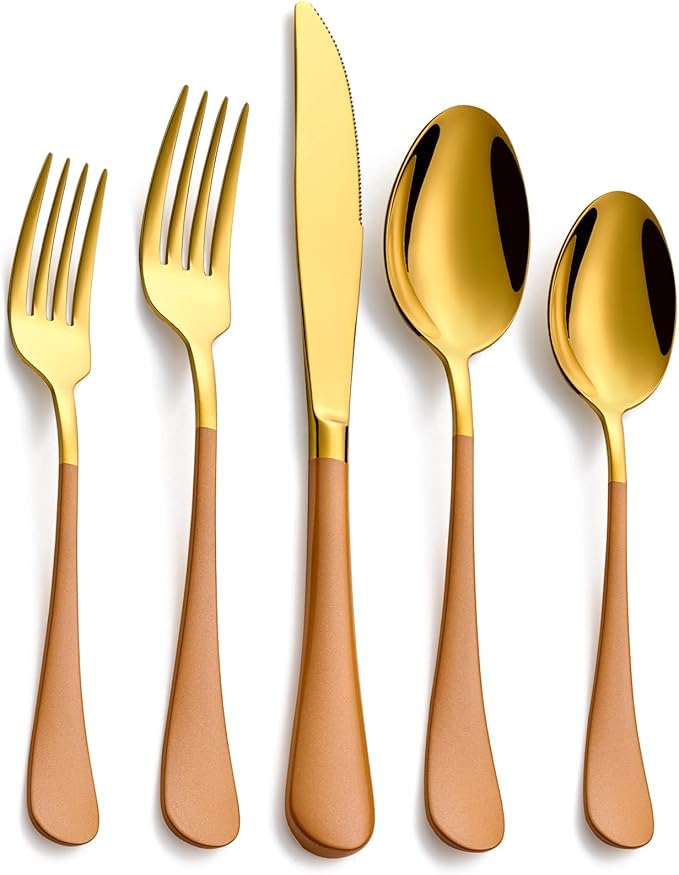20-Piece Orange & Gold Silverware Set, 18/0 Stainless Steel Colorful Handle Flatware Set,Service for 4,Modern Cutlery Set Includes Dinner Knives Forks Spoons,Mirror Polished,Dishwasher Safe