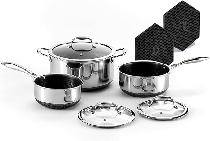 HexClad Hybrid Nonstick 6-Piece Pot Set with 2 Silicone Trivets, 2, 3, and 8-Quart Pots with Tempered Glass Lids, Stay-Cool Handles, Dishwasher-Friendly, Induction Ready, Compatible with All Cooktops
