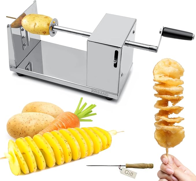 RioRand Manual Spiral Potato Cutter, Stainless Steel Tornado Twister with Blades for Curly Fries, DIY Potato Slicer for Home Kitchen, BBQ, Carrots, Cucumbers