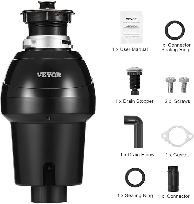 VEVOR Garbage Disposal, 1HP 3270RPM DC Motor, Continuous Feed Food Waste Sink Disposer, EZ Connect Food Waste Grinding System with Sound Reduction, Power Cord and Splash Guard, for Kitchen