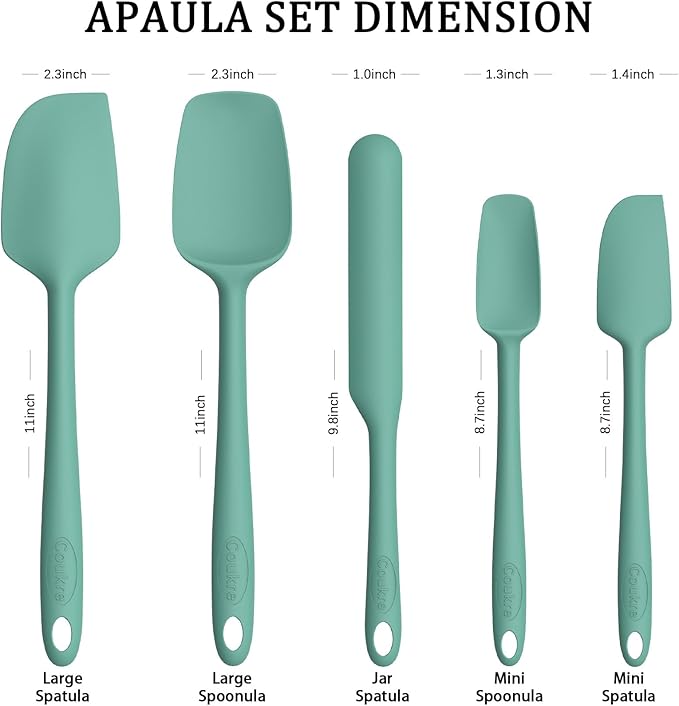 Coukre Silicone Spatula Set of 5,High Heat Resistant, Food Grade Silicone, Upgraded Extended Reinforced Handle,Dishwasher Safe, for Baking, Cooking (Pure Aqua Green, Solid color)