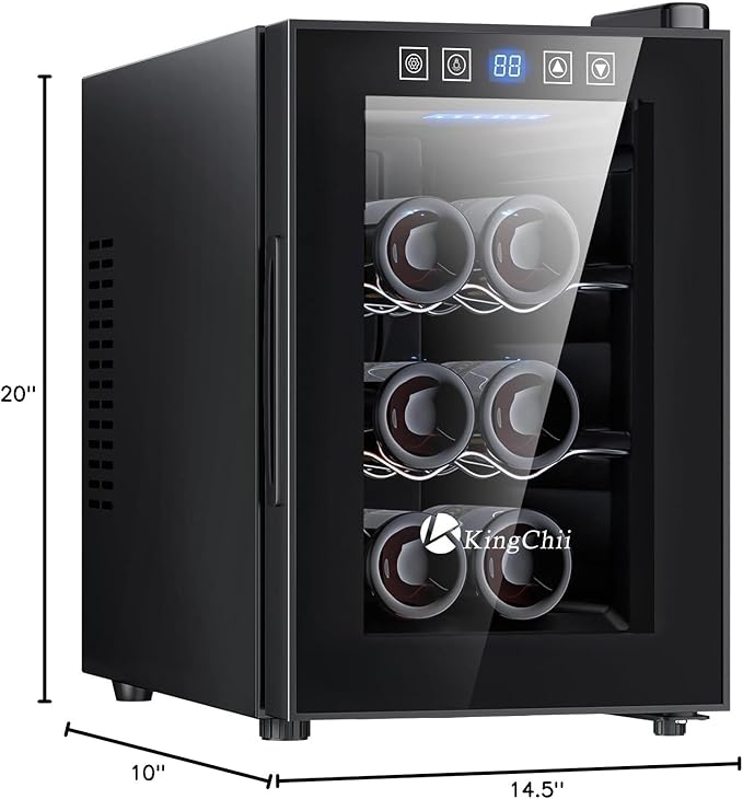 KingChii 6 Bottle Thermoelectric Wine Cooler Refrigerator Advanced Cooling Technology, Stainless Steel & Tempered Glass For Red Wine, Champagne for Home, Kitchen, or Office