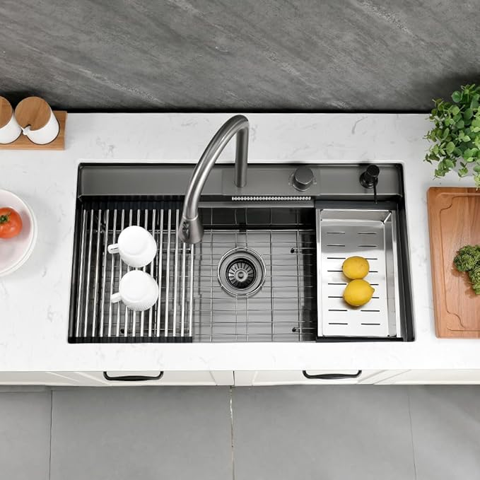 33 Undermount Kitchen Sink with Faucet, 33x19 Black Stainless Steel Workstation Undermount Waterfall Kitchen Sink Dual Mount Pull Down Sprayer Faucet