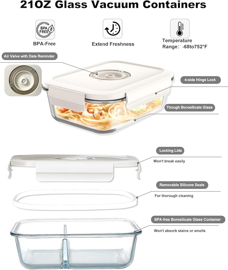 WanshengLe Vacuum Sealer for Food (Compact Vacuum Sealer Machine + Glass Vacuum Container + 5 Reusable Vacuum Bags) Powerful Handheld Vacuum Sealer Machine, Portable Food Sealer, Food Storage