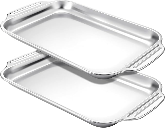 2 Pcs Stainless Steel Baking Sheet Nonstick Cookie Pan Rectangle Bakeware Cookie Sheets Oven Pan for Fish Cakes Breads Casseroles Vegetables (Handle, 16" x 9" x 1.2")