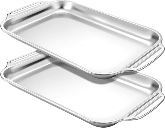 2 Pcs Stainless Steel Baking Sheet Nonstick Cookie Pan Rectangle Bakeware Cookie Sheets Oven Pan for Fish Cakes Breads Casseroles Vegetables (Handle, 16" x 9" x 1.2")